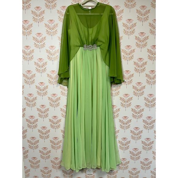 70s Emma Domb Long Chiffon Maxi Dress, Size 12, Chartreuse and Olive Green - Picture 1 of 10